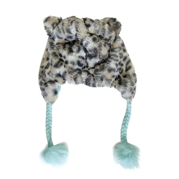 Justice Girl’s Letter N One Size Cheetah Cat Earflap Hat Faux Fur Grey Teal Blue - Picture 5 of 8